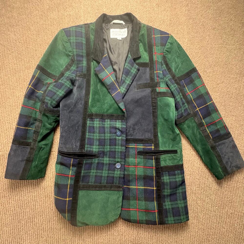 Vintage 90’s Plaid Leather Corduroy Wool Patchwork Womens Blazer Size Medium